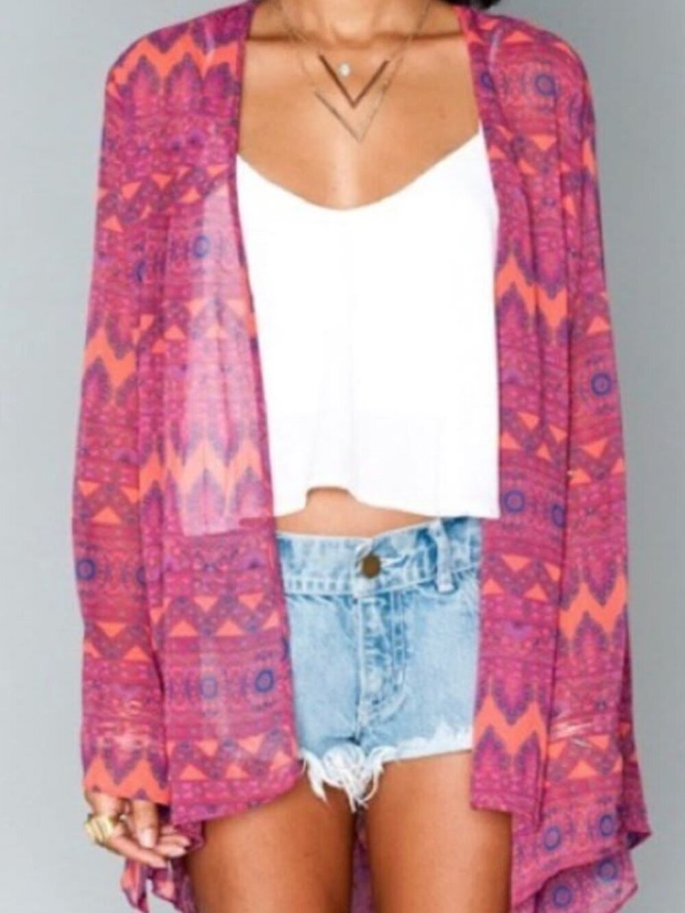 Show Me Your Mumu Sheer Pink, Orange, and Purple Patterned Cardigan Light Layer